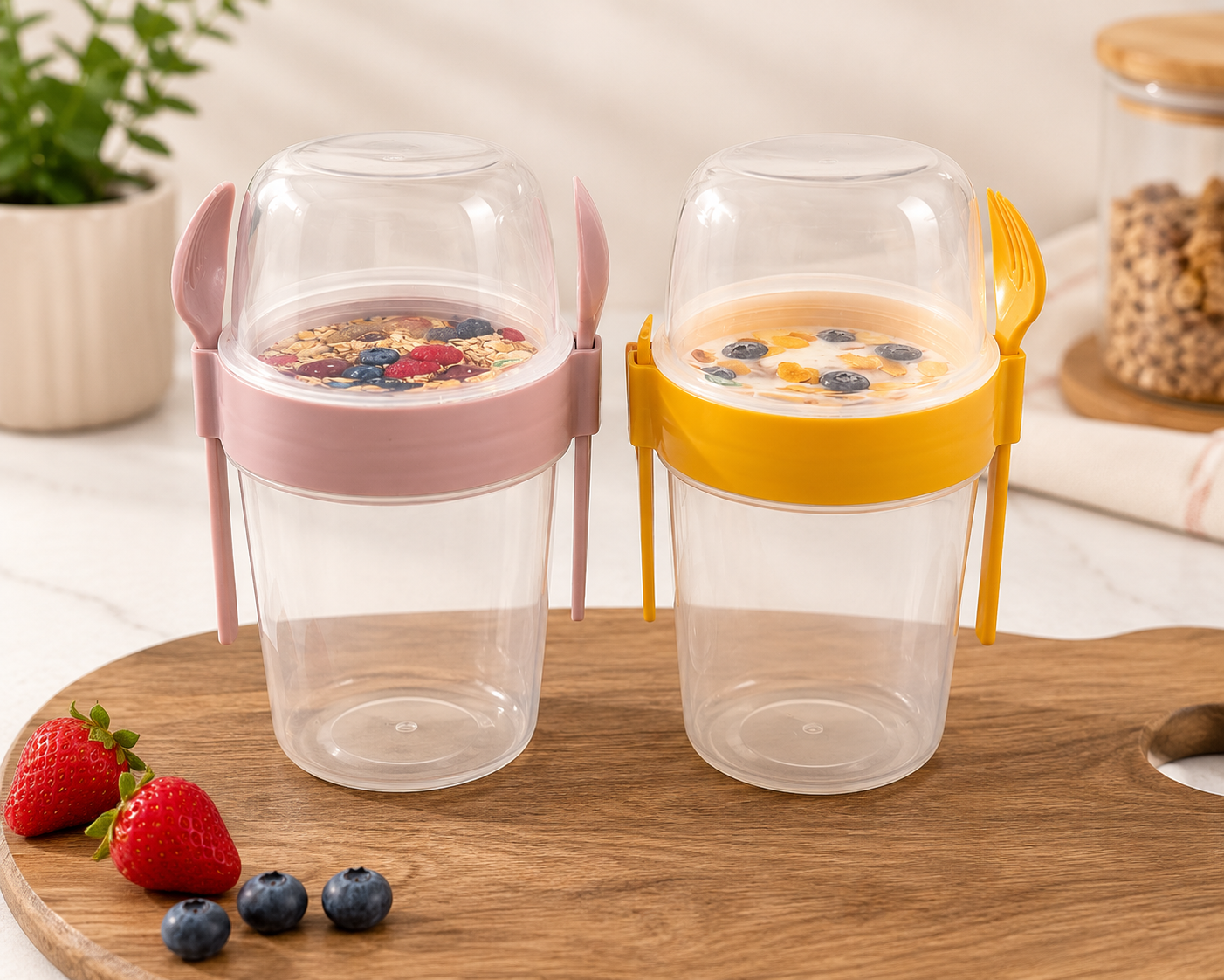2 Pack Portable Breakfast & Snack Cups with Spoon – Yogurt, Cereal & Fruit Containers