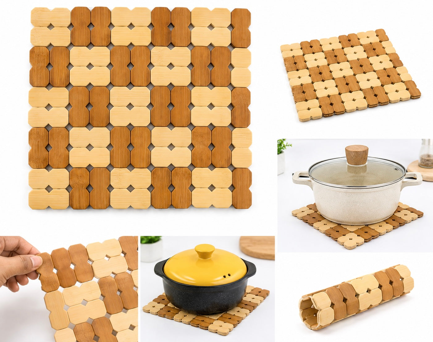 Natural Bamboo Heat Insulation Pad / Wooden Trivet – Square Hot Pot Mat