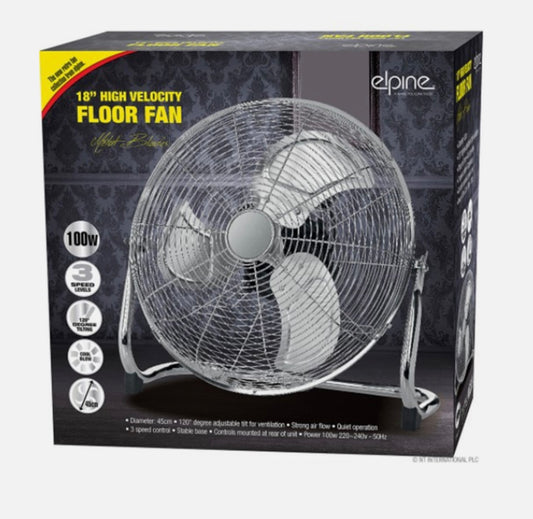 Elpine 18” High Velocity Floor Fan – 100W Metal Blade Air Circulator