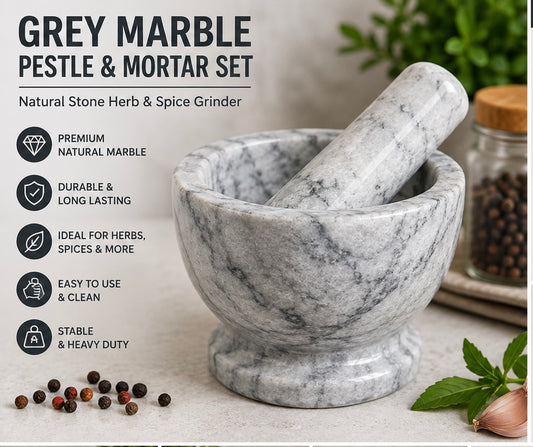 Grey Marble Pestle & Mortar Set – Natural Stone Herb & Spice Grinder