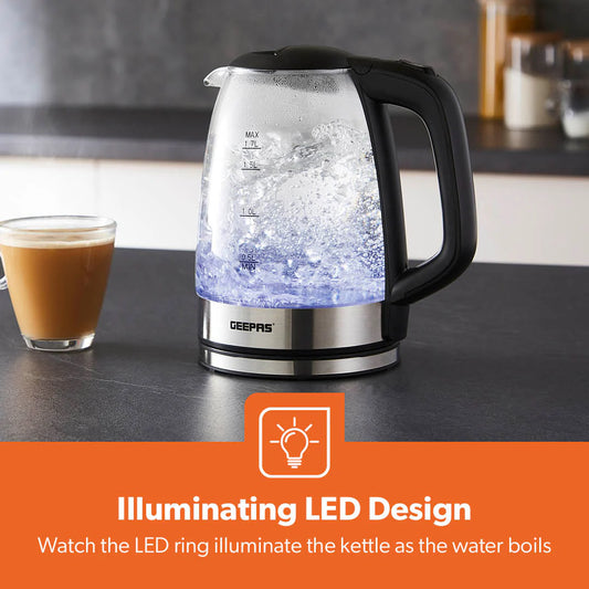 1.7L Black Rapid Boil Glass Electric Kettle – LED Indicator, 1500W Fast Boiling
