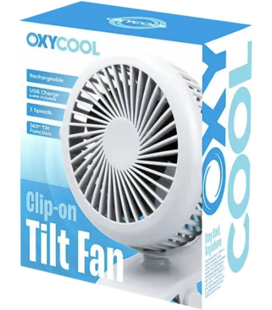 OXYcool Rechargeable Clip-On Tilt Fan – USB Portable Fan with 3 Speeds