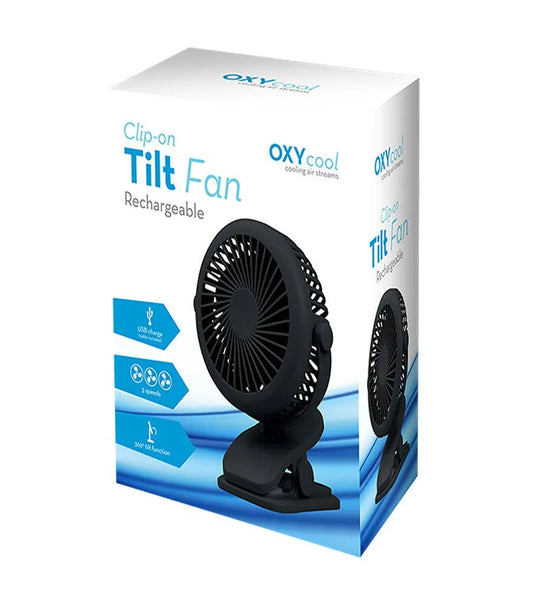 OXYcool Rechargeable Clip-On Tilt Fan – USB Portable Fan with 3 Speeds