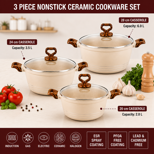 3-Piece Premium Non-Stick Ceramic Cookware Set – Cream