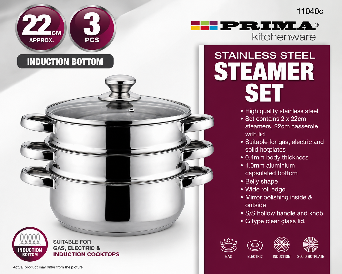 Stainless Steel Steamer Set – 3 Piece, 22cm