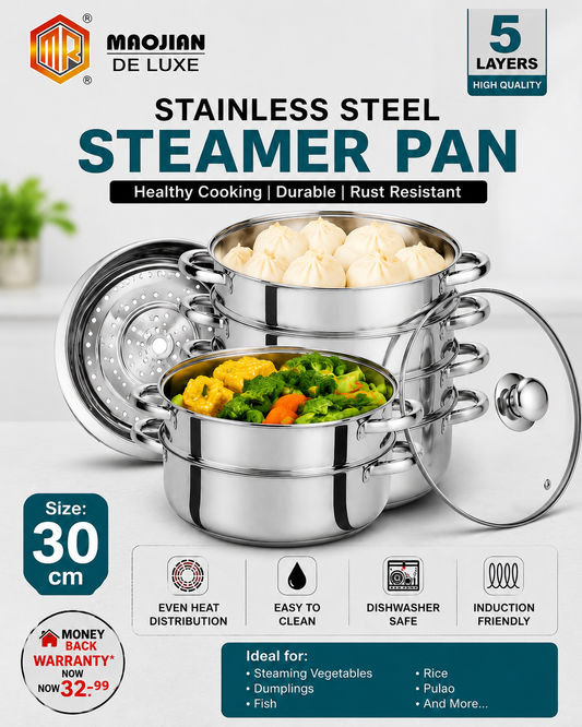 5-Layer Stainless Steel Steamer Pan – 30cm