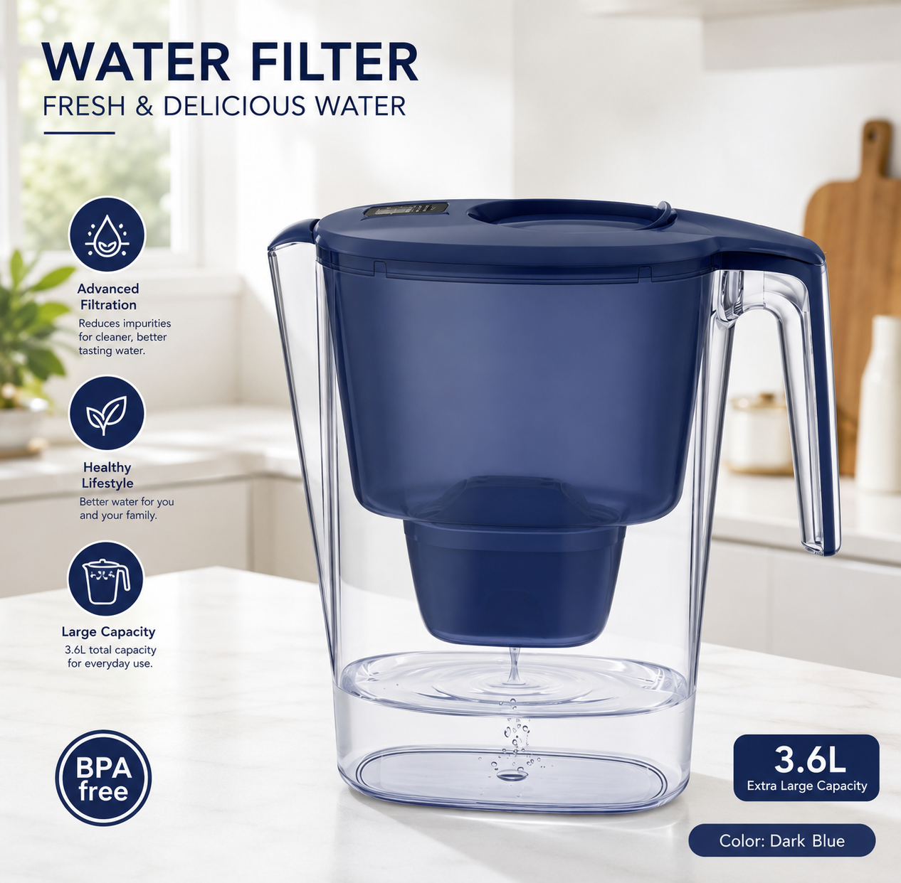 3.6L Water Filter Jug – BPA Free Drinking Water Pitcher (Dark Blue)