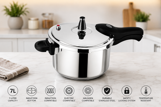 7 Litre Stainless Steel Pressure Cooker – Induction Compatible & Safety Locking System