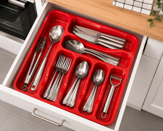 Red Plastic Cutlery Tray – 6 Compartment Kitchen Drawer Organiser