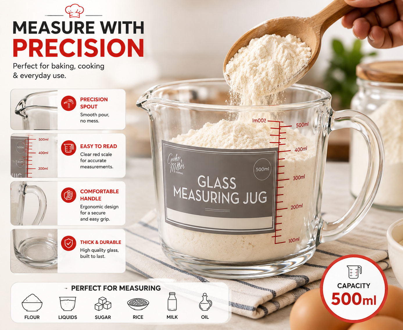 Measure every ingredient with precision! π§π₯
From flour and sugar to milk and oil, this 500ml Glass Measuring Jug makes baking and cooking easier, cleaner, and more accurate. A must-have for every kitchen! π©βπ³β¨