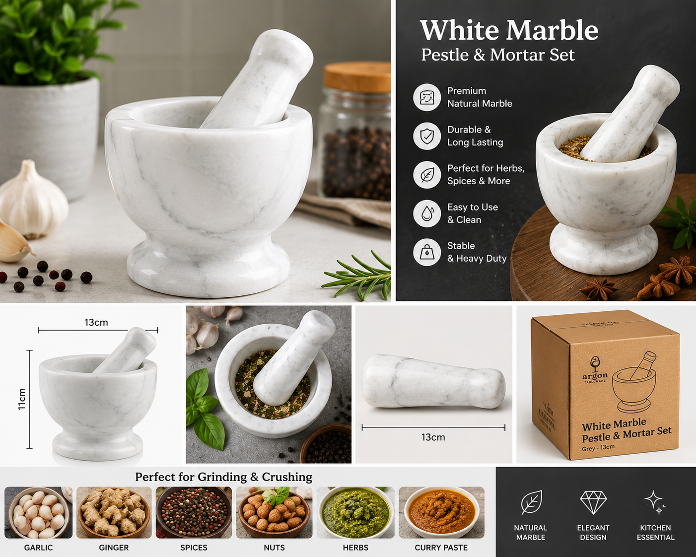 White Marble Pestle & Mortar Set – 13cm Natural Stone Herb & Spice Grinder