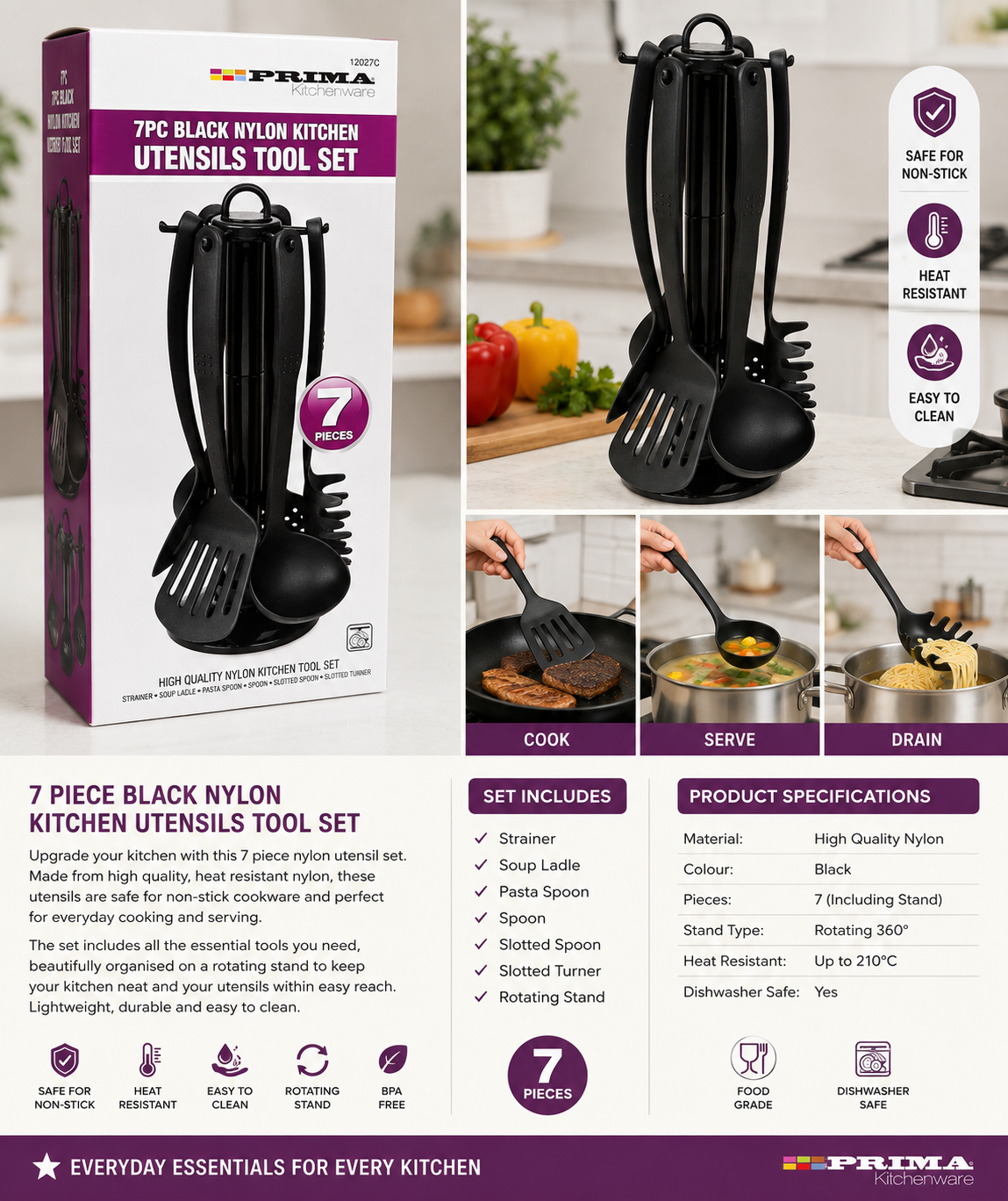 7 Piece Black Nylon Kitchen Utensil Set with Rotating Stand