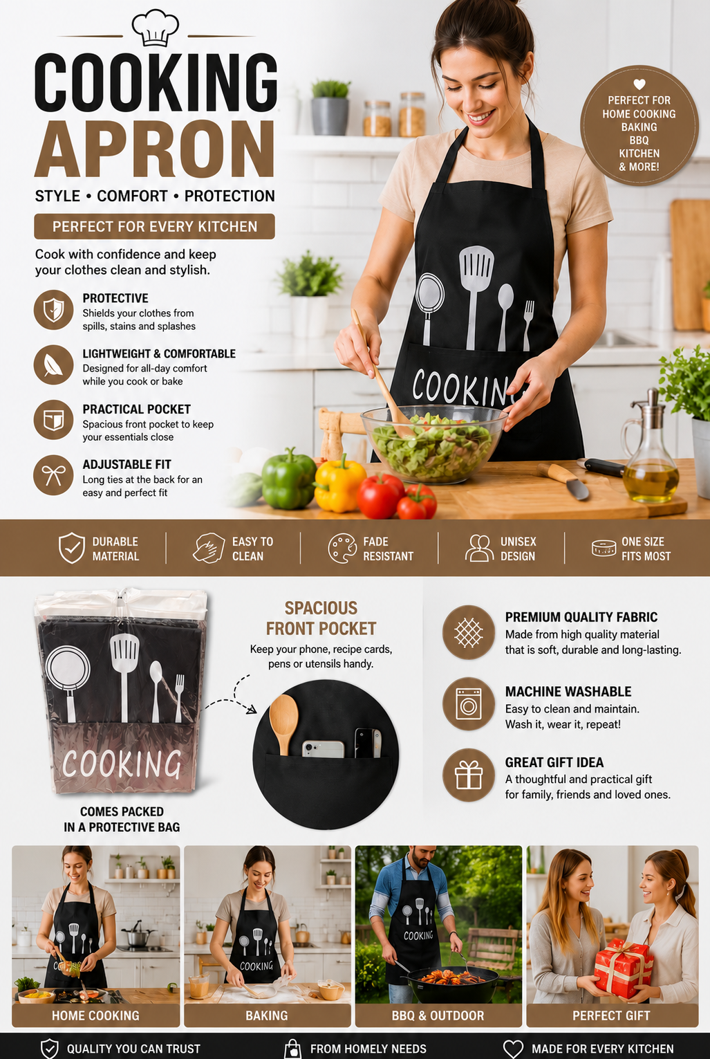 Cooking Kitchen Apron with Front Pocket | Adjustable Chef Apron for Cooking, Baking & BBQ