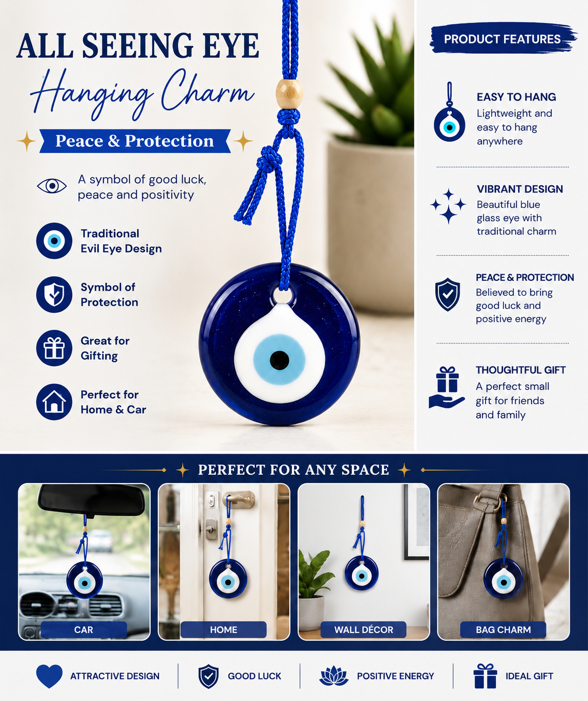 All Seeing Eye Evil Eye Hanging Charm – Peace & Protection – Blue