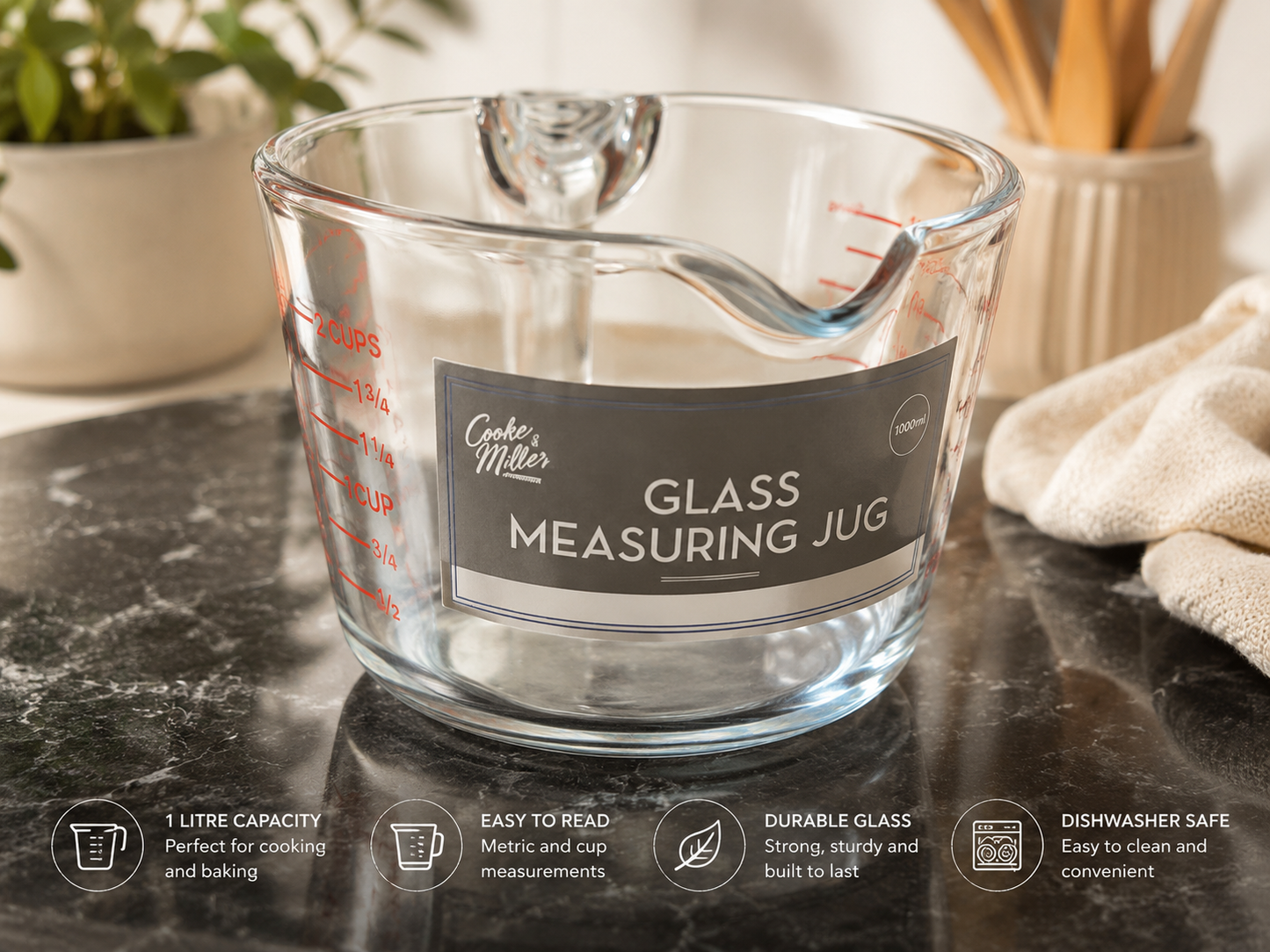 Cooke & Miller 1L Glass Measuring Jug – Heat Resistant Kitchen Measuring Cup