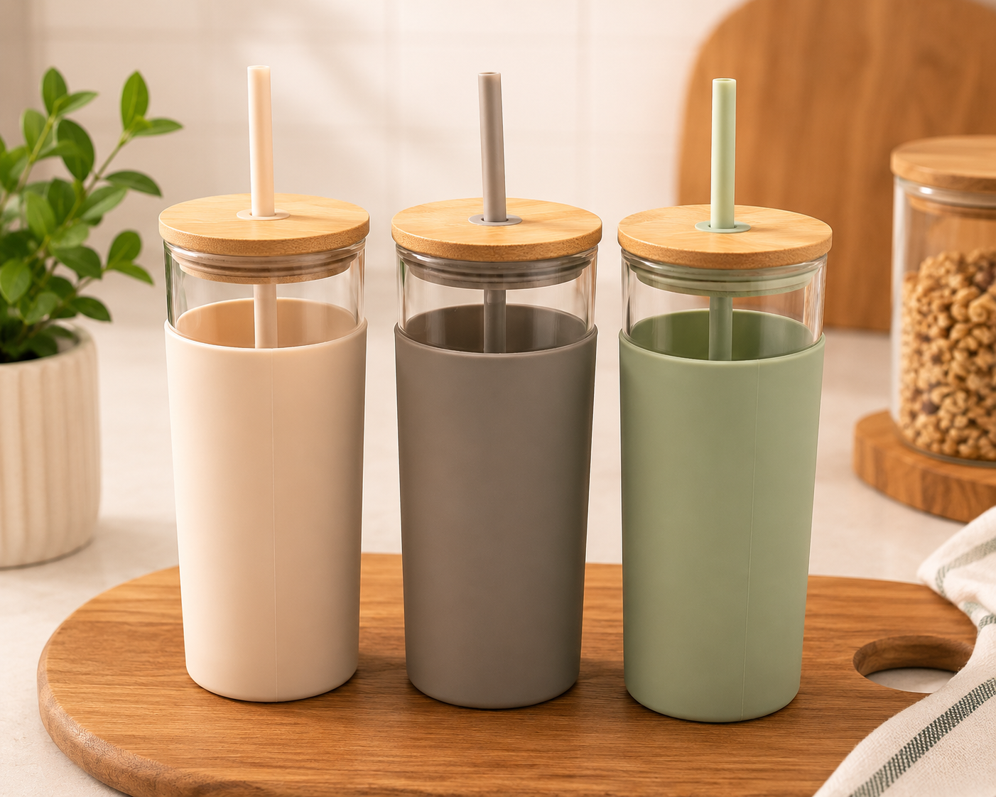 Reusable Glass Tumbler with Bamboo Lid & Straw – 3 Colour Collection
