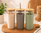 Reusable Glass Tumbler with Bamboo Lid & Straw – 3 Colour Collection