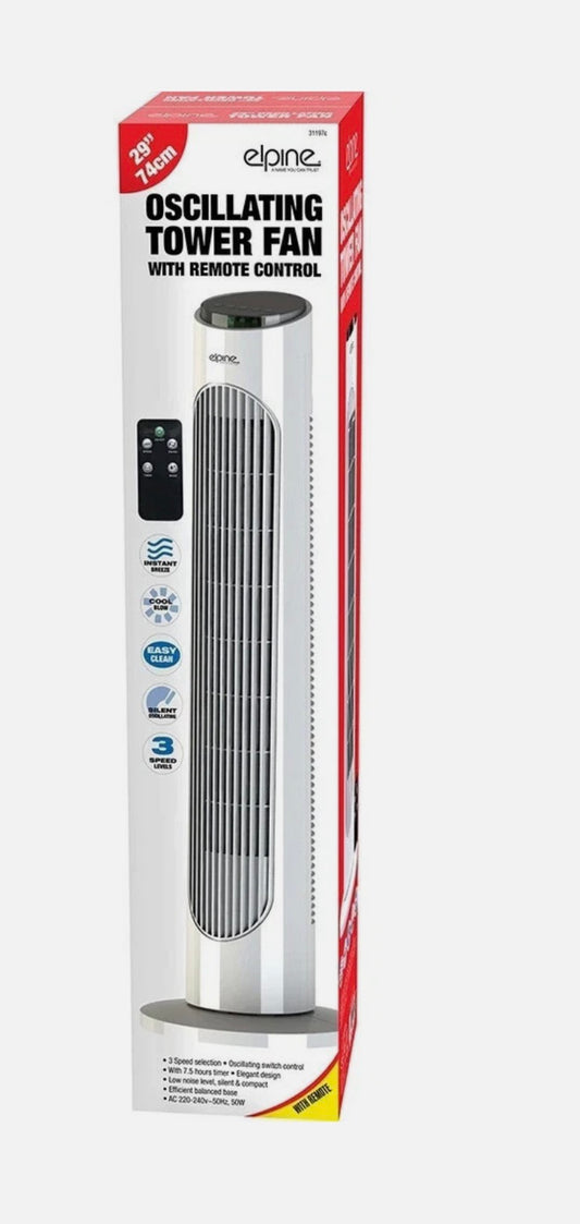 Elpine 29” Oscillating Tower Fan with Remote Control – 3 Speed Settings