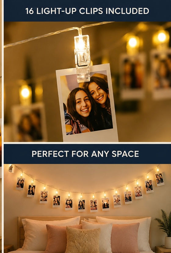 LED Photo Clip String Lights – 16 Light-Up Clips