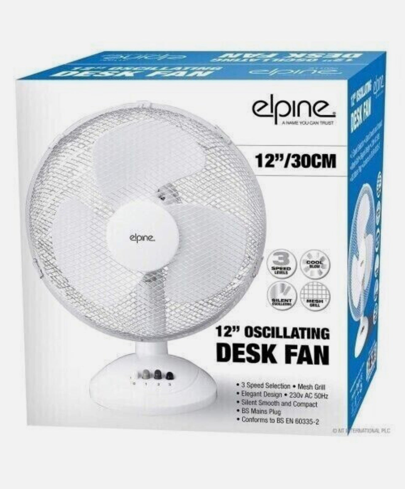 Elpine 12” Oscillating Desk Fan – 30cm 3 Speed Table Fan White