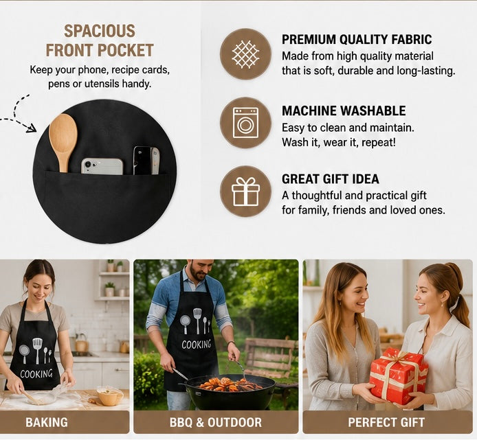Cooking Kitchen Apron with Front Pocket | Adjustable Chef Apron for Cooking, Baking & BBQ