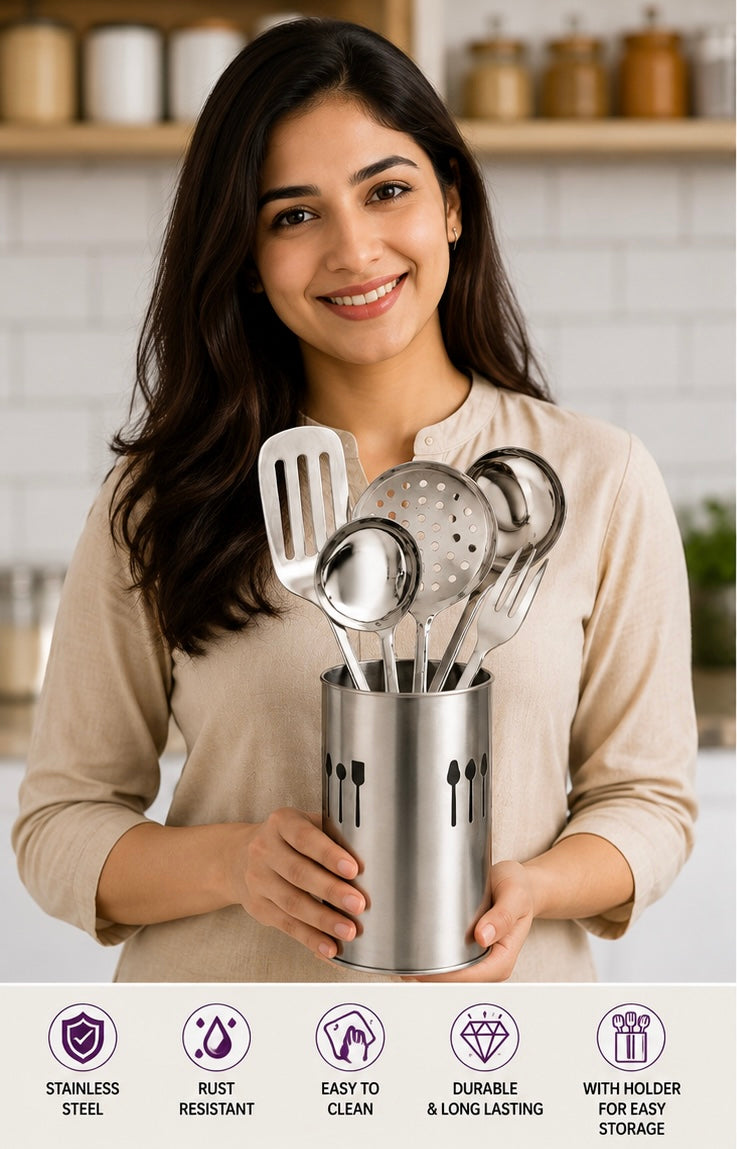 6 Piece Stainless Steel Kitchen Utensil Set with Holder