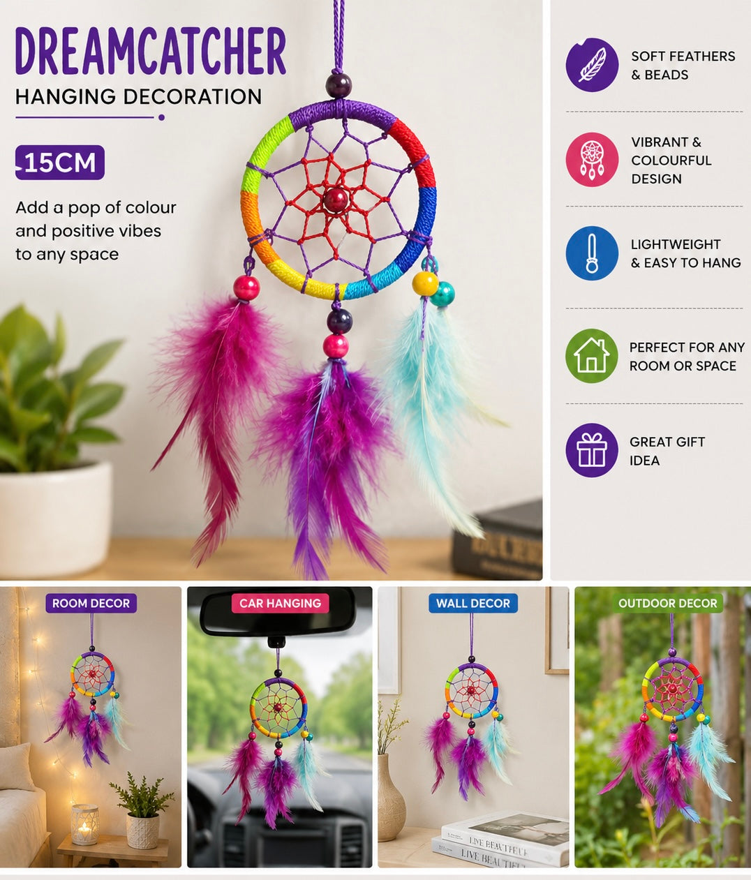 15cm Colourful Dreamcatcher Hanging Decoration – Feather Boho Room Wall Decor