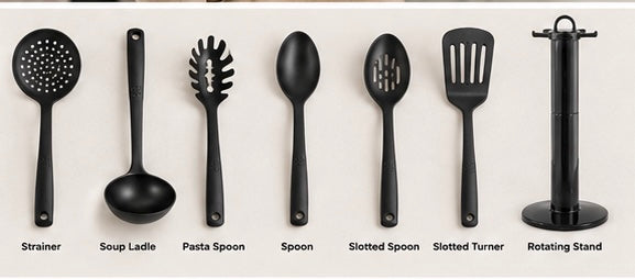 7 Piece Black Nylon Kitchen Utensil Set with Rotating Stand