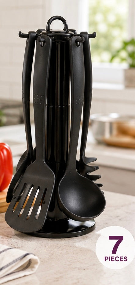 7 Piece Black Nylon Kitchen Utensil Set with Rotating Stand