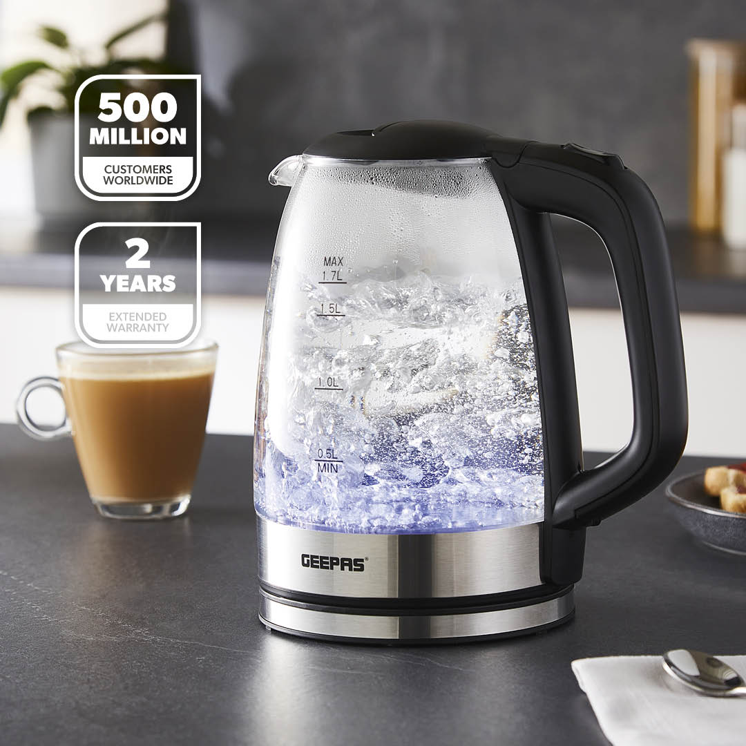 1.7L Black Rapid Boil Glass Electric Kettle – LED Indicator, 1500W Fast Boiling