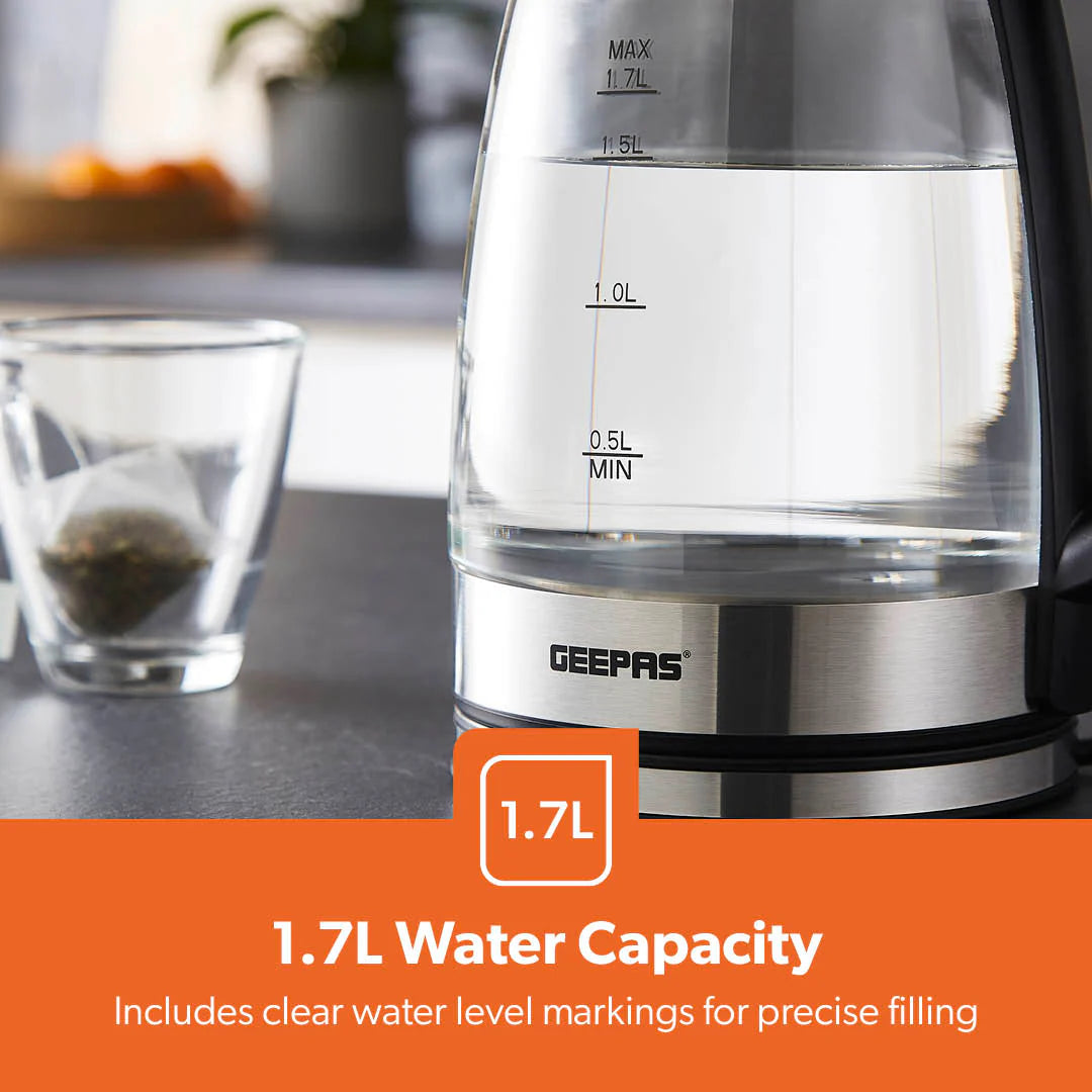 1.7L Black Rapid Boil Glass Electric Kettle – LED Indicator, 1500W Fast Boiling