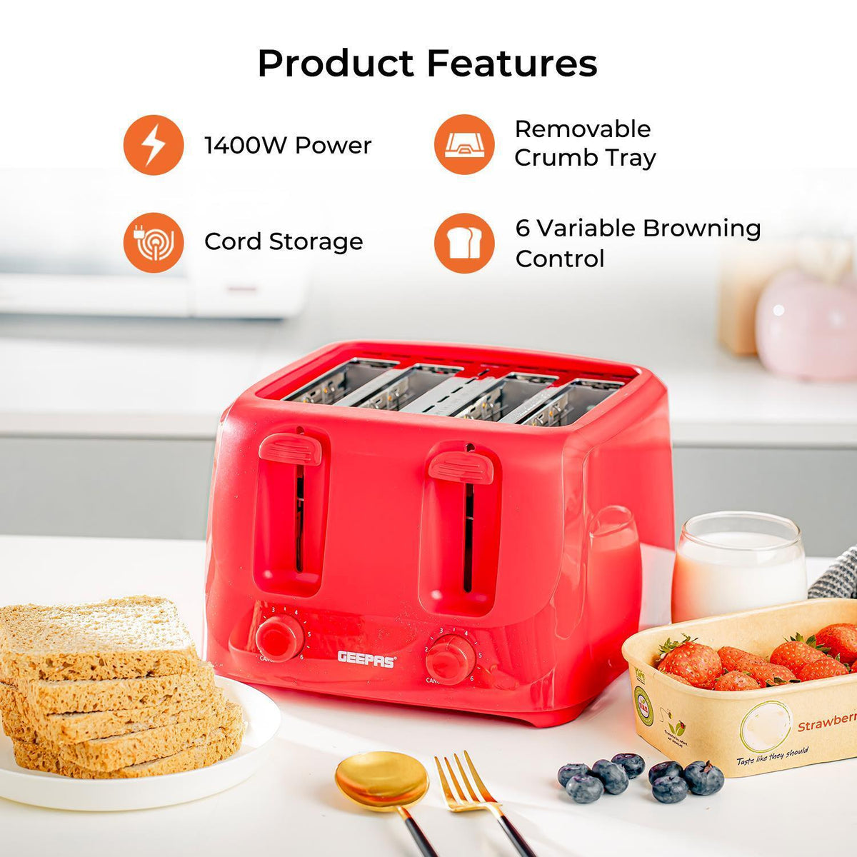 FAMILY-SIZE RED 4-SLICE TOASTER WITH 6-STEP BROWNING CONTROL
