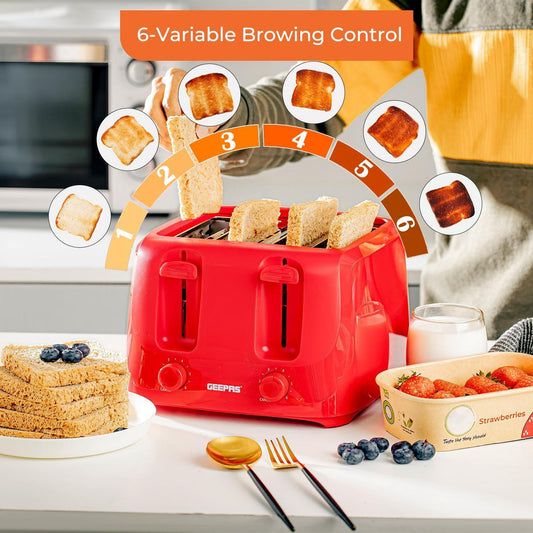 FAMILY-SIZE RED 4-SLICE TOASTER WITH 6-STEP BROWNING CONTROL
