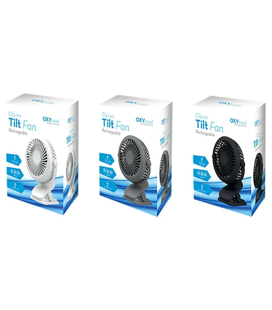 OXYcool Rechargeable Clip-On Tilt Fan – USB Portable Fan with 3 Speeds