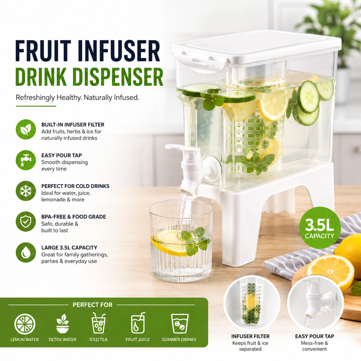 3.5L Cold Drink Dispenser with Fruit Infuser Filter & Tap