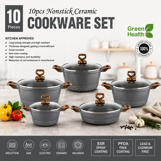 🍳 10-Piece Granite Non-Stick Cookware Set – Grey