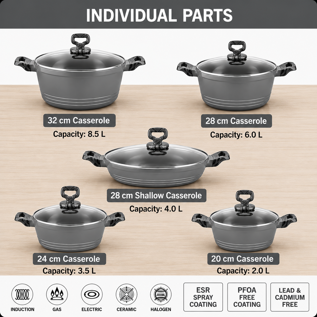 🍳 10-Piece Granite Non-Stick Cookware Set – Grey