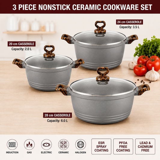 3-Piece Premium Non-Stick Ceramic Cookware Set – Grey