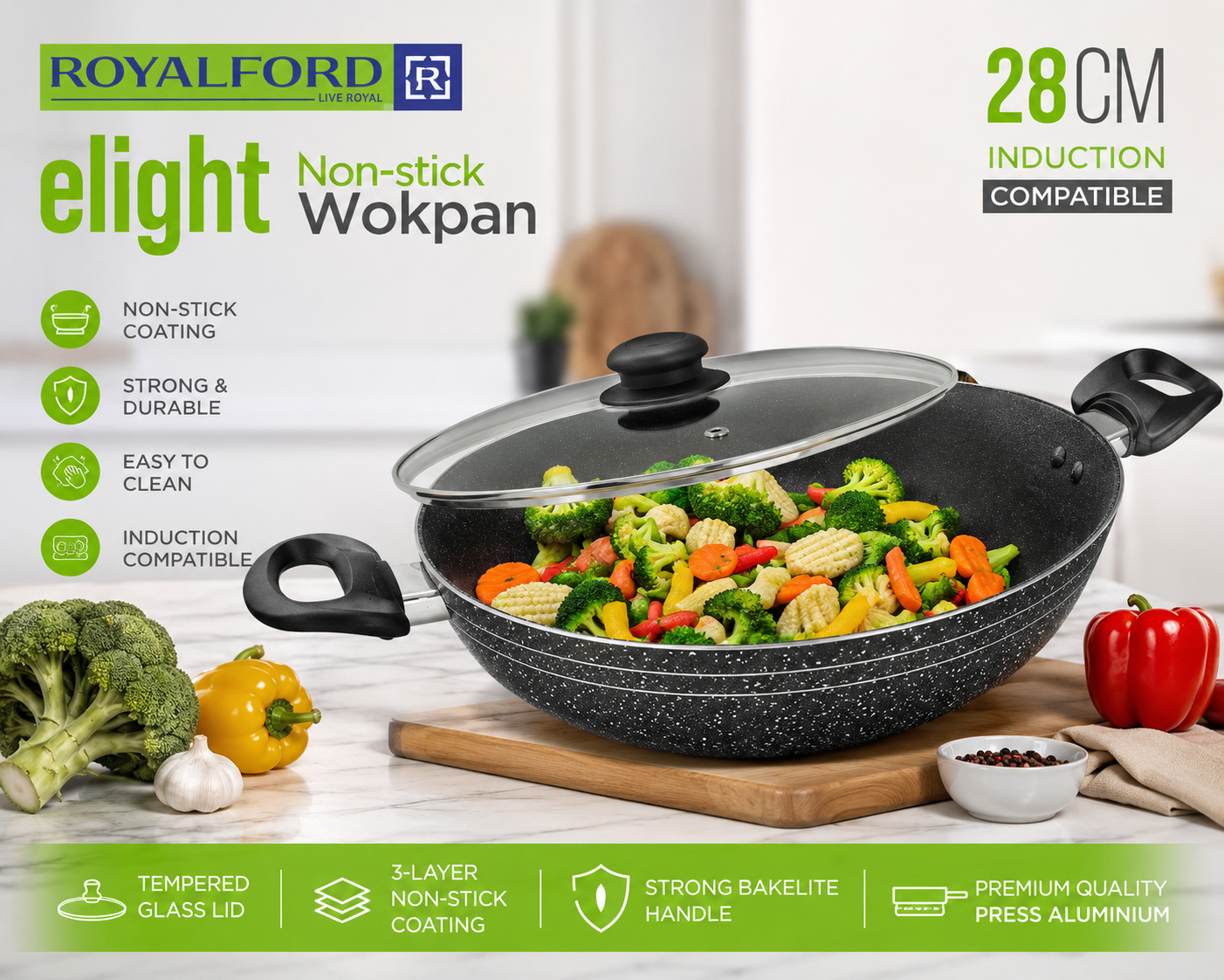 28cm Non-Stick Wok Pan with Glass Lid