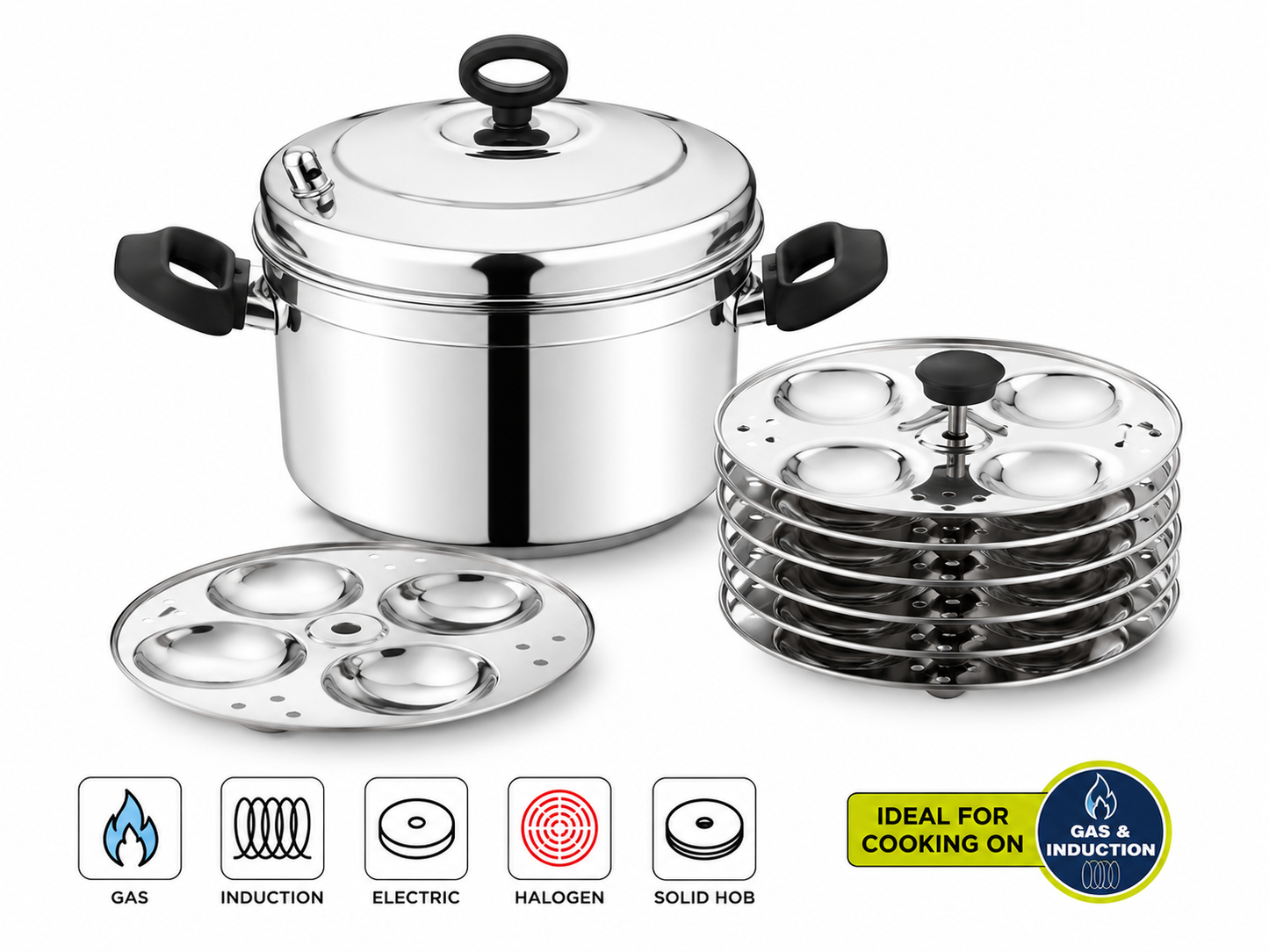 6 Plate Stainless Steel Idli Cooker – Induction & Gas Compatible