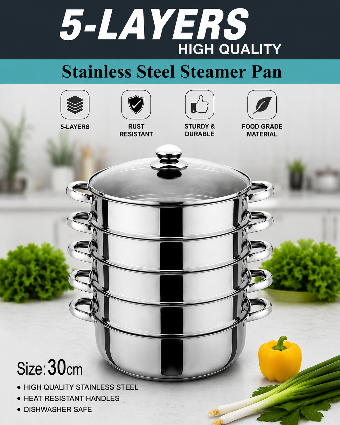 5-Layer Stainless Steel Steamer Pan – 30cm