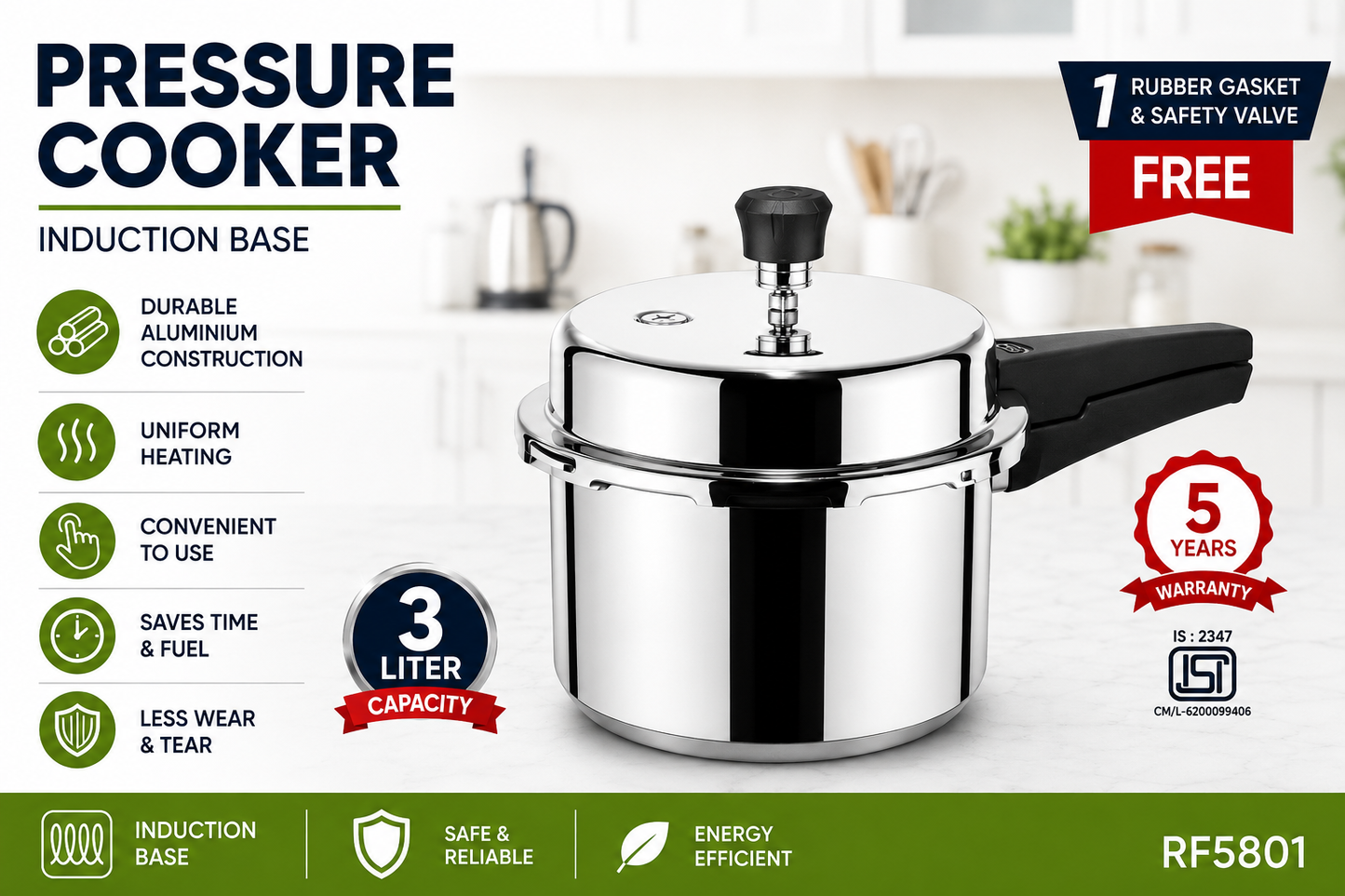 3 Litre Induction Base Pressure Cooker – Durable Aluminium Cooker with Safety Valve