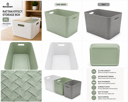 Storesmart 20L Rattan Effect Storage Box with Handles – Plastic Storage Basket | White, Sage Green & Grey