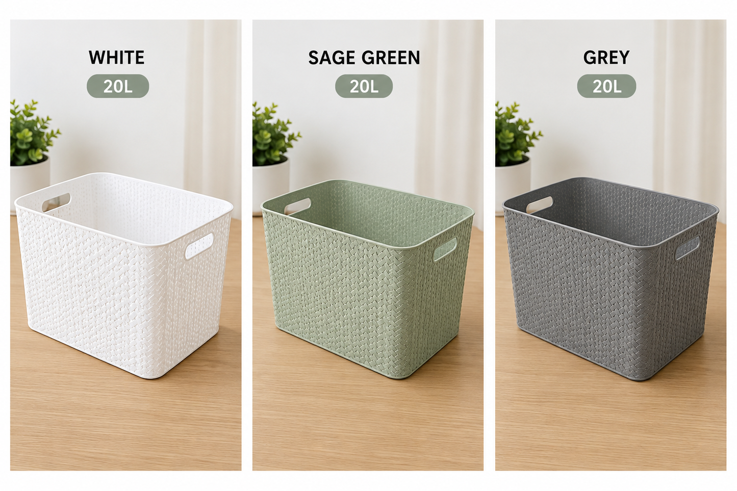 Storesmart 20L Rattan Effect Storage Box with Handles – Plastic Storage Basket | White, Sage Green & Grey