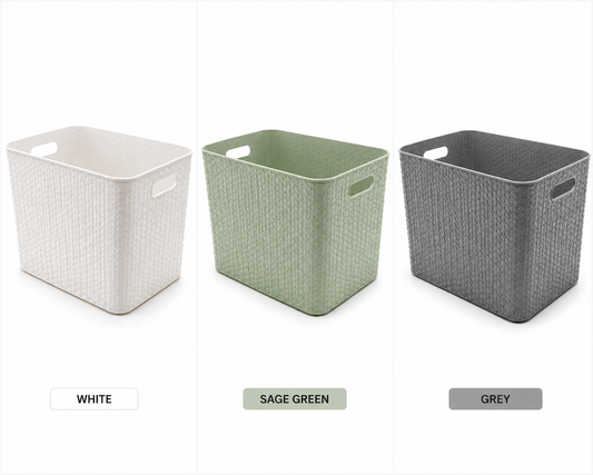 Storesmart 20L Rattan Effect Storage Box with Handles – Plastic Storage Basket | White, Sage Green & Grey