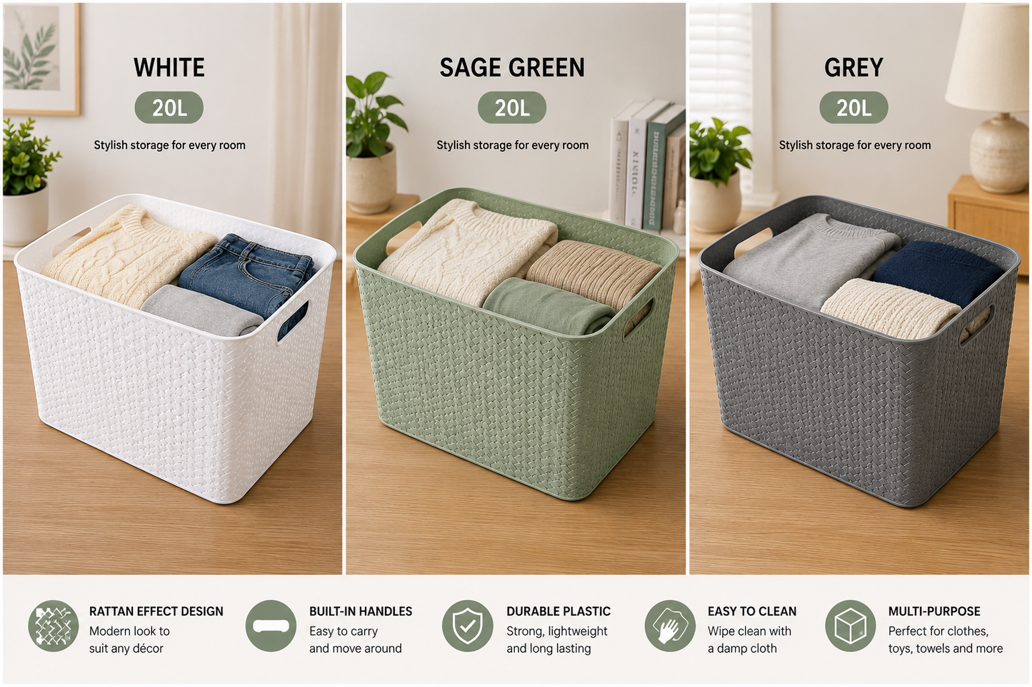Storesmart 20L Rattan Effect Storage Box with Handles – Plastic Storage Basket | White, Sage Green & Grey