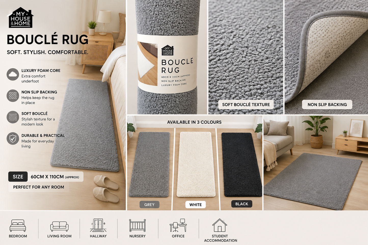 My House & Home Bouclé Rug 60 x 110cm – Non-Slip Soft Area Rug with Luxury Foam Core