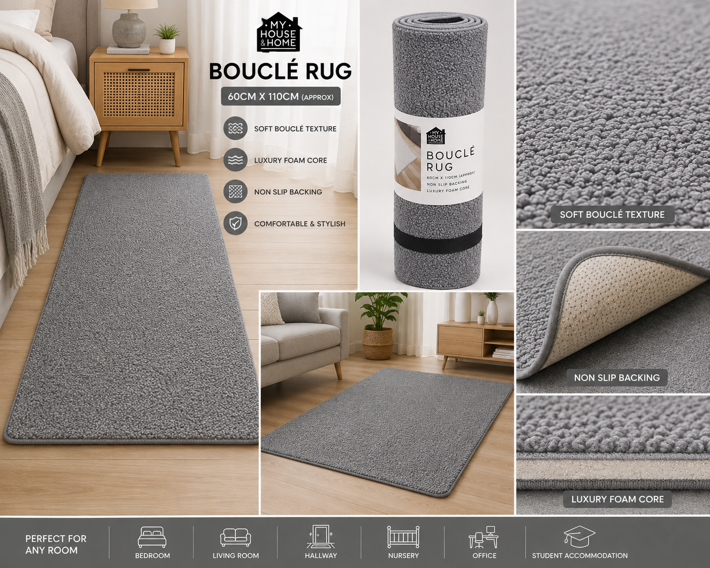 My House & Home Bouclé Rug 60 x 110cm – Non-Slip Soft Area Rug with Luxury Foam Core
