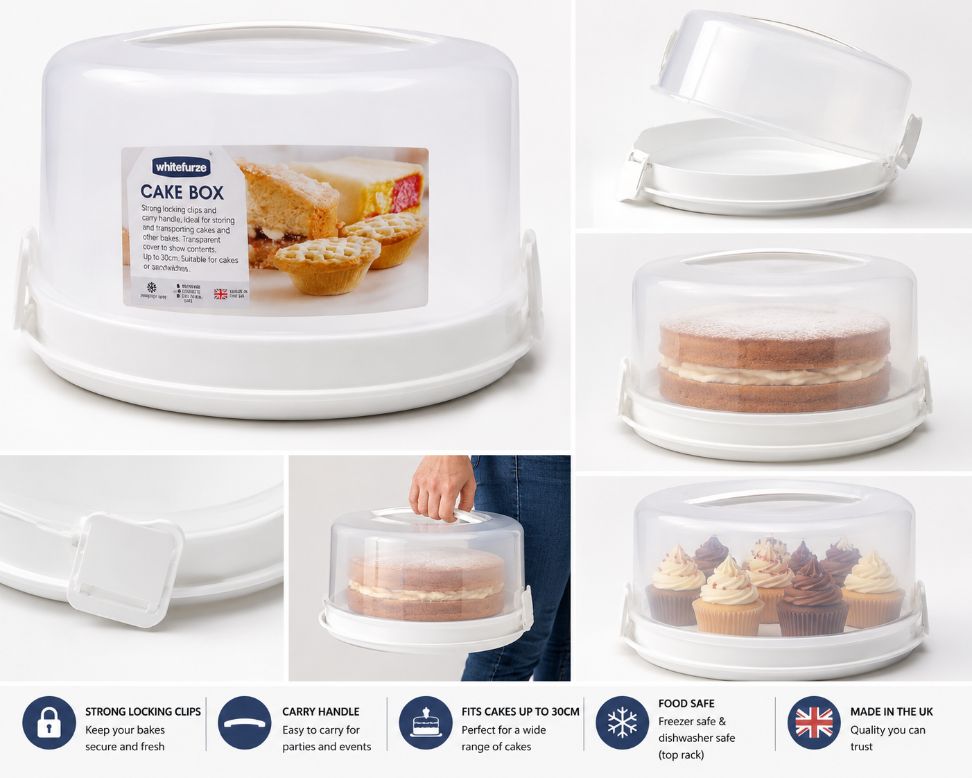 Cake Storage Box with Secure Lid & Carry Handle – White