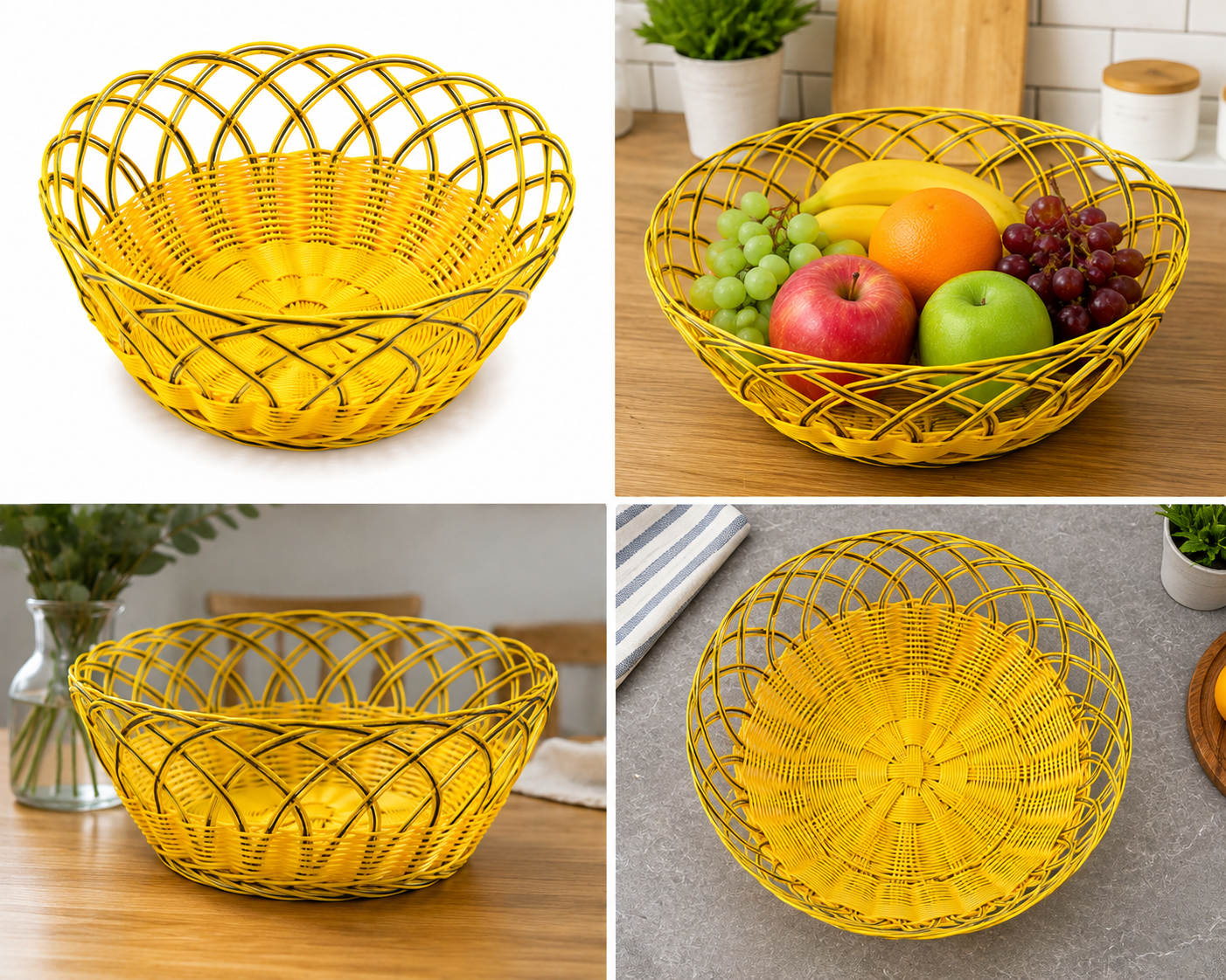 Round Woven Fruit Basket – Decorative Bread & Fruit Storage Bowl, Yellow